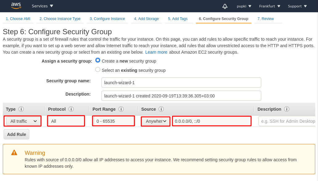 Configure Security Group, firewall settings настройки фаервола ec2 aws