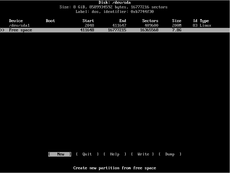 Скриншот утилиты cfdisk с созданным разделом boot BIOS 200M