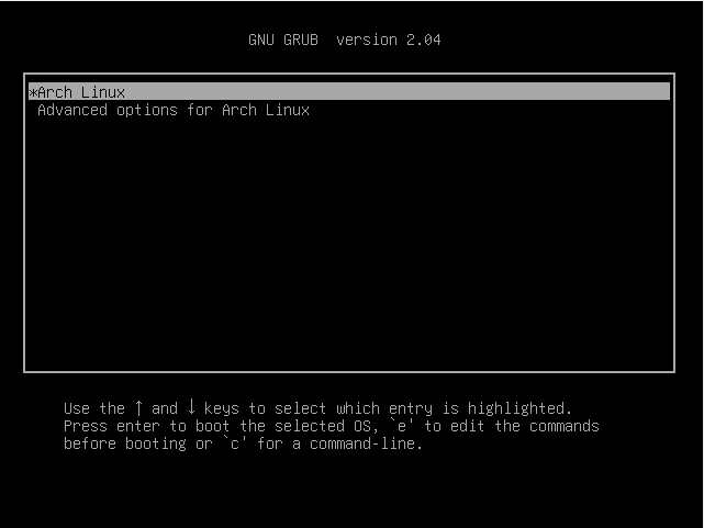 Загрузчик GRUB, первая доступная ОС в списке - Arch Linux