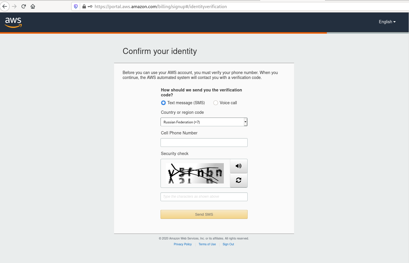 Экран подтверждения личности по номеру телефона при регистрации аккаунта amazon aws