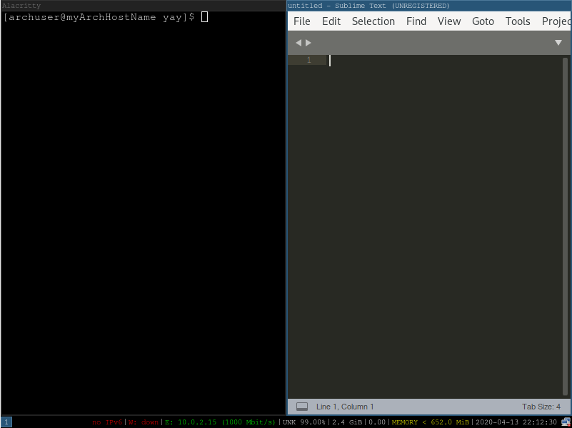 Скриншот экрана оконного менеджера i3wm, Открыт терминал alacritty и sublime