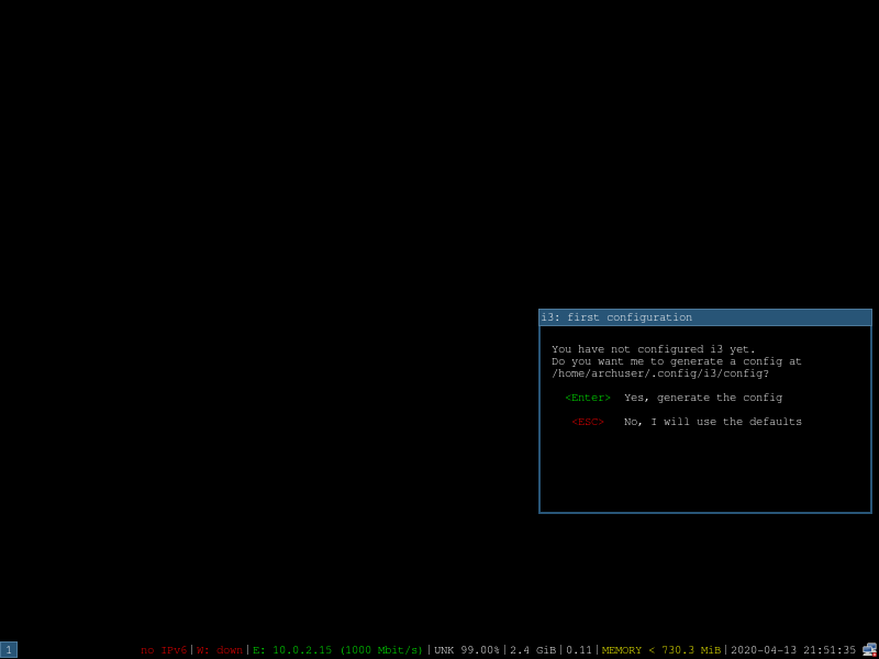 Скриншот экрана оконного менеджера i3wm, Первый вид после установки