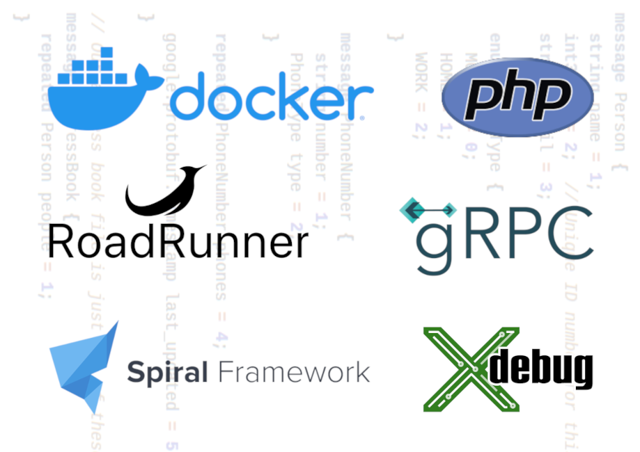 Логотипы php, spiral, grpc, roadrunner и docker