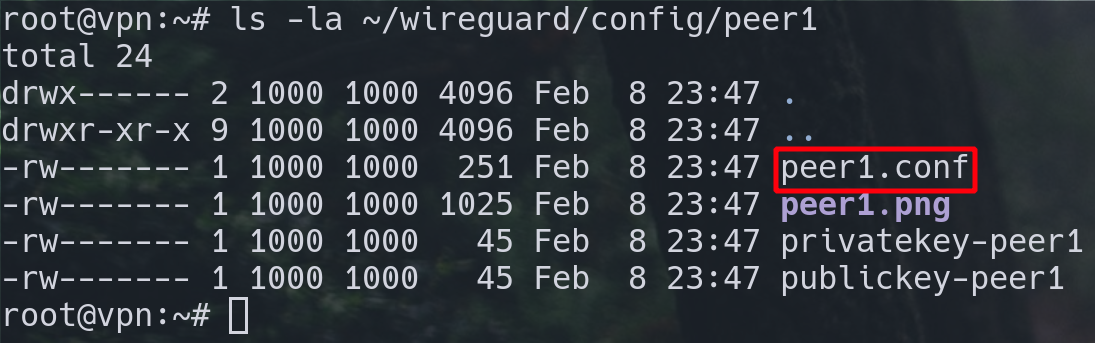 Скриншот вывода консоли, команда ls -la ~/wireguard/config/peer1